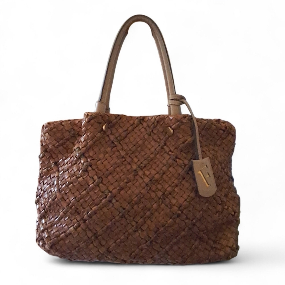 Furla Woven Leather Tote Bag Made In Italy | Cognac Brown Vintage